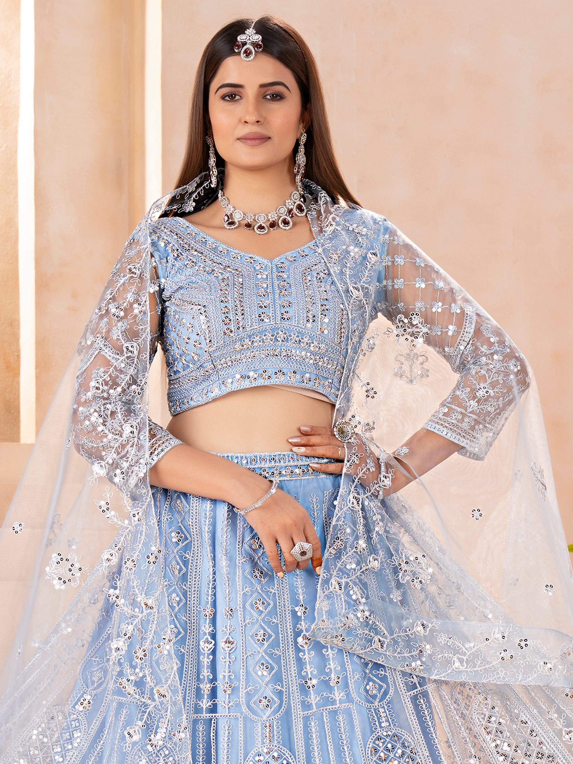 Stunning Blue Embroidered Chinon Wedding Wear Lehenga Choli