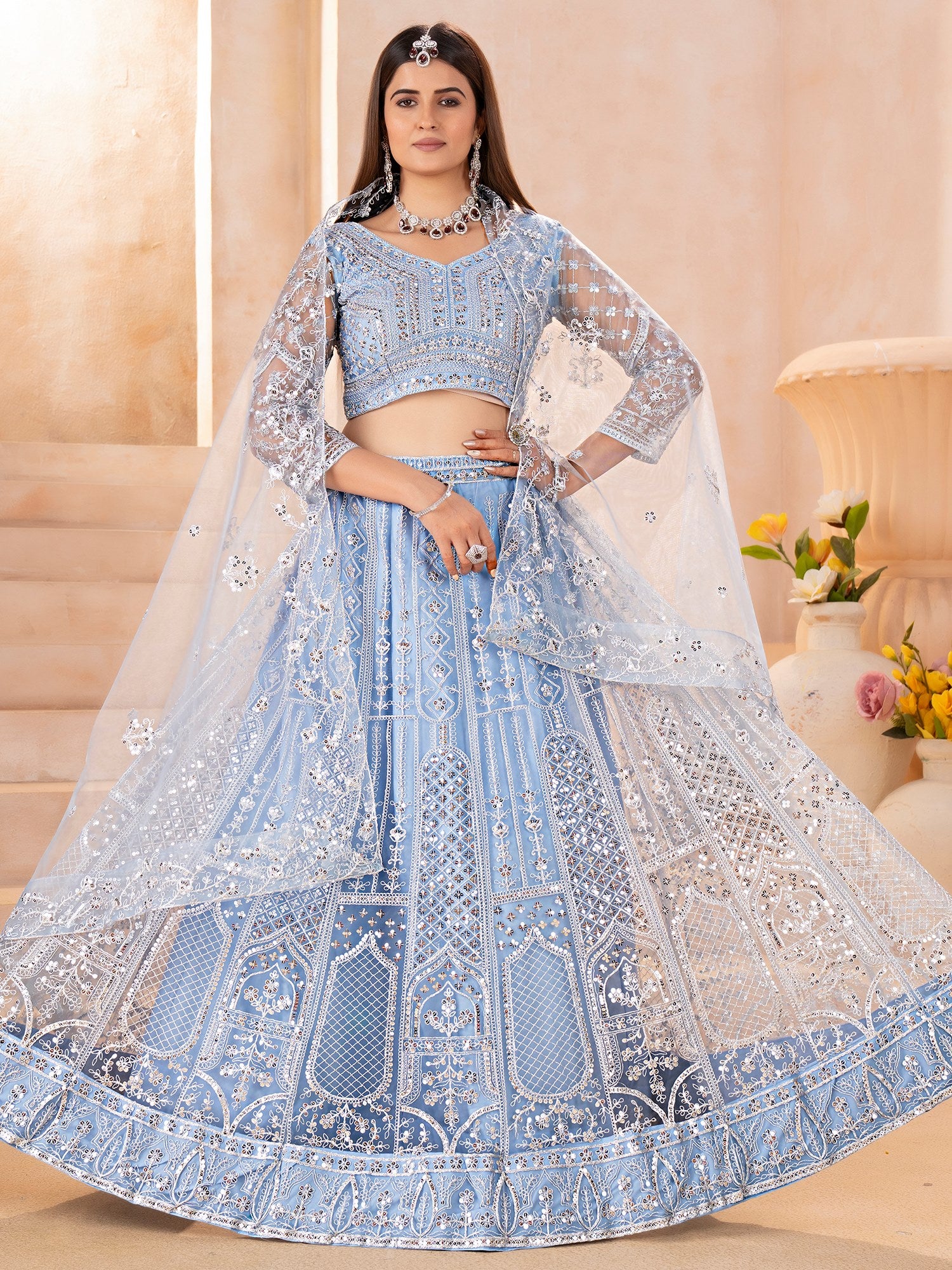 Stunning Blue Embroidered Chinon Wedding Wear Lehenga Choli