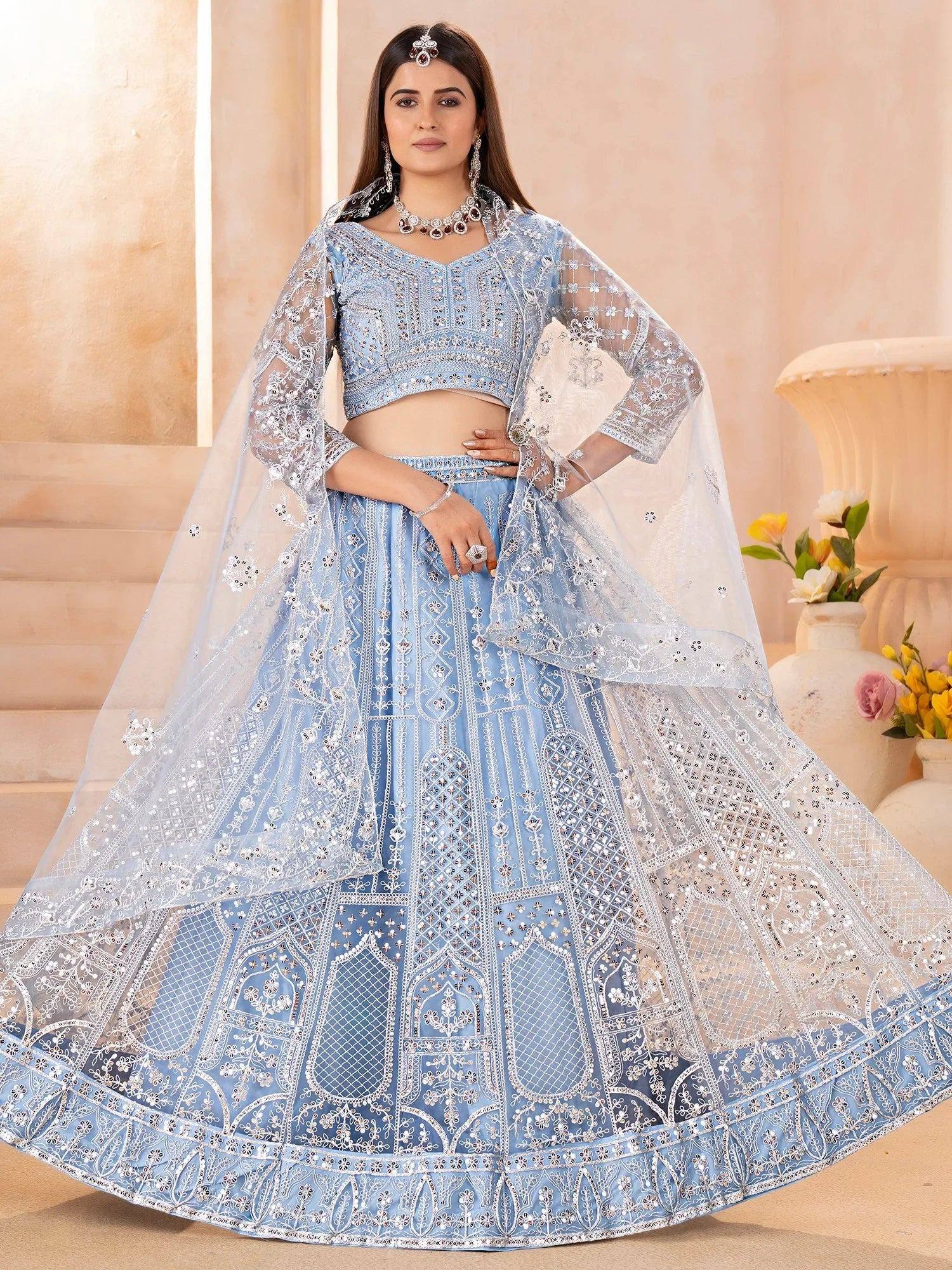 Stunning Blue Embroidered Chinon Wedding Wear Lehenga Choli