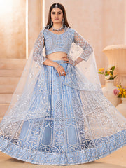 Stunning Blue Embroidered Chinon Wedding Wear Lehenga Choli