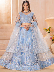 Stunning Blue Embroidered Chinon Wedding Wear Lehenga Choli