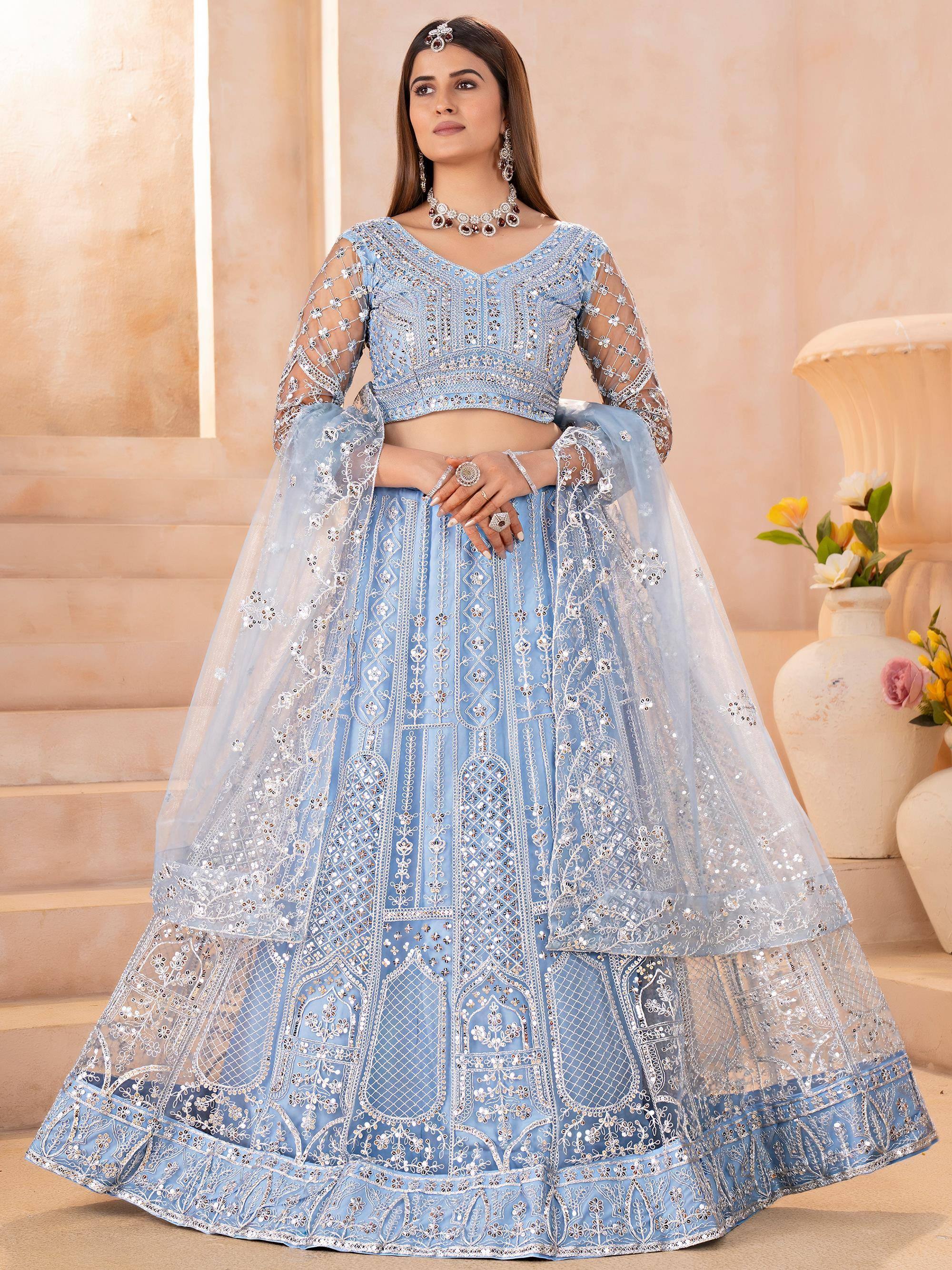 Stunning Blue Embroidered Chinon Wedding Wear Lehenga Choli