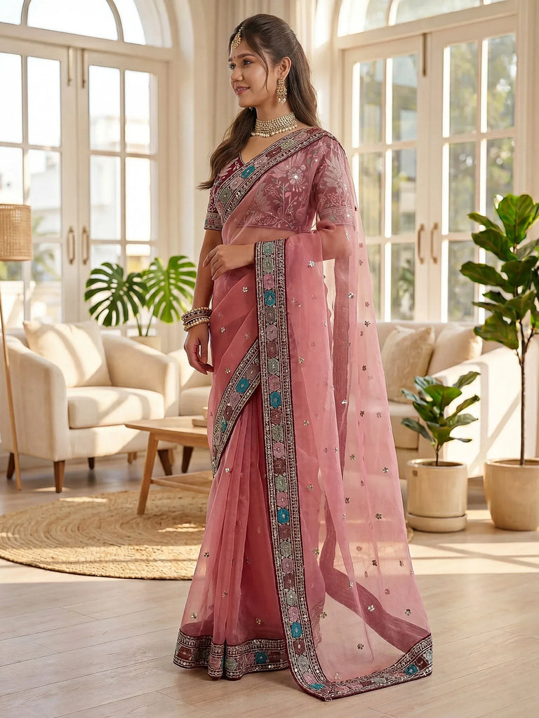 Attractive Pink Embroidery Organza Party Wear Saree With Blouse