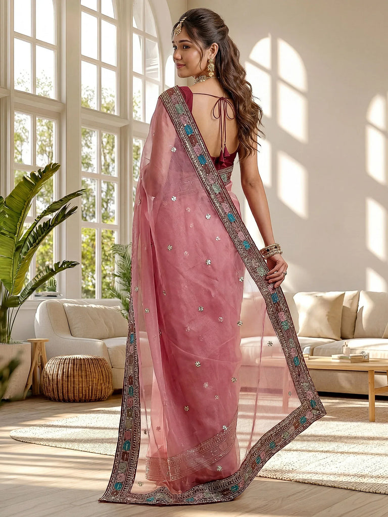 Attractive Pink Embroidery Organza Party Wear Saree With Blouse