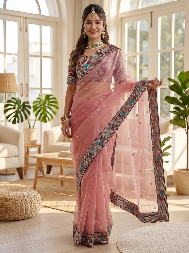 Attractive Pink Embroidery Organza Party Wear Saree With Blouse