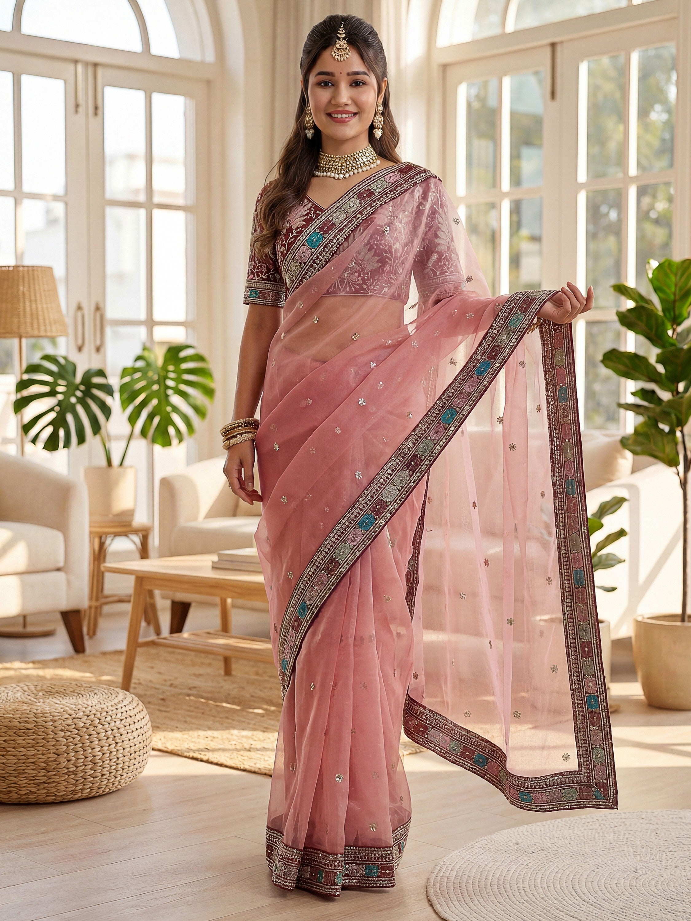 Attractive Pink Embroidery Organza Party Wear Saree With Blouse