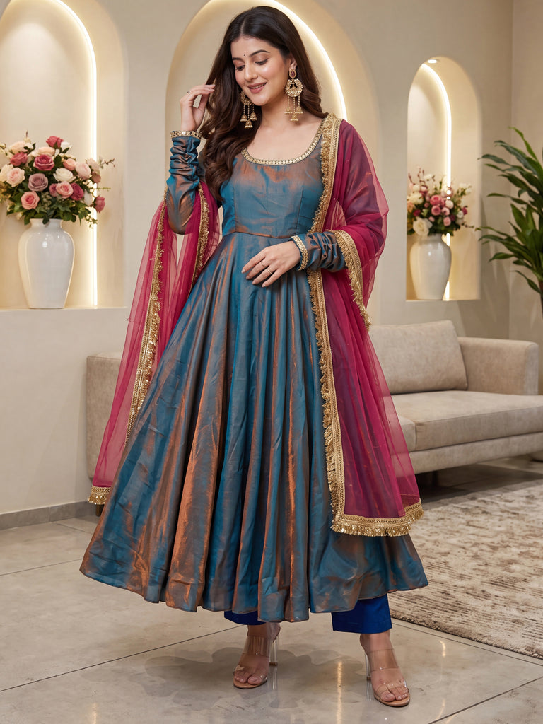 Graceful Grey Mirror Laced Silk Festive Wear Anarkali Suit With Dupatta