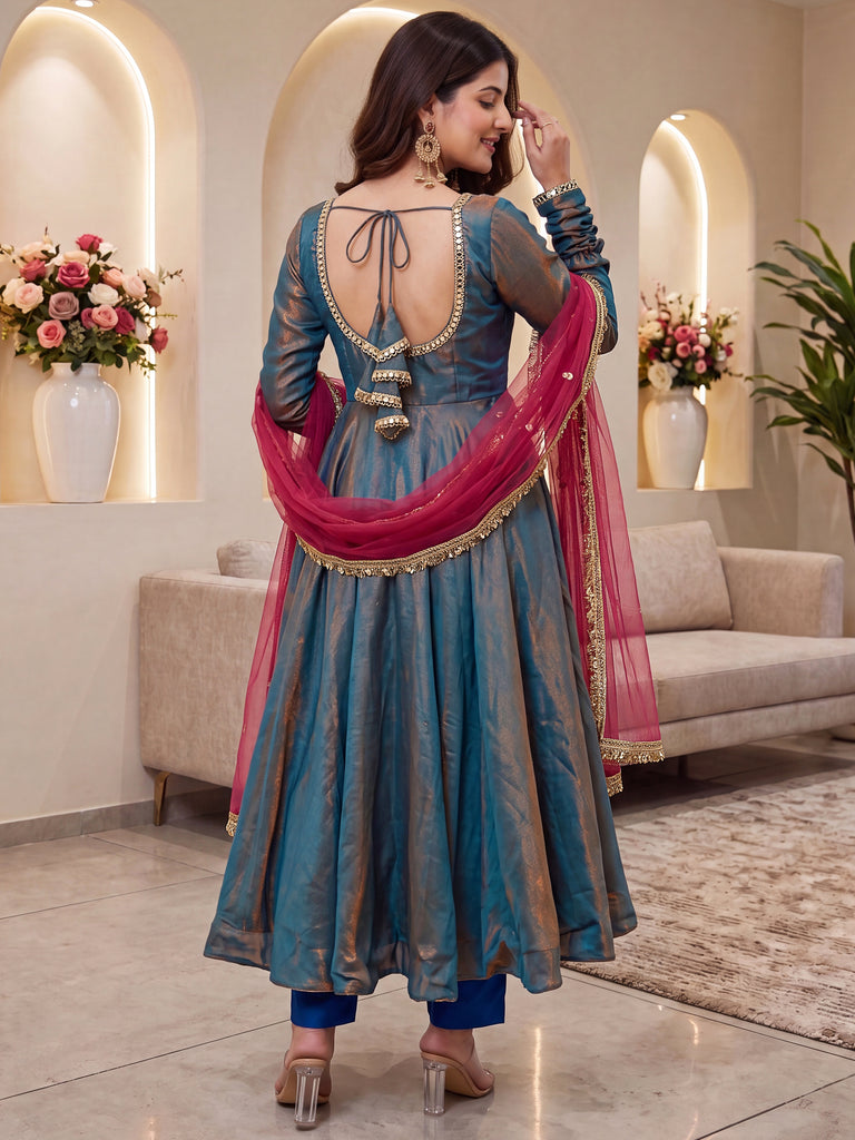 Graceful Grey Mirror Laced Silk Festive Wear Anarkali Suit With Dupatta