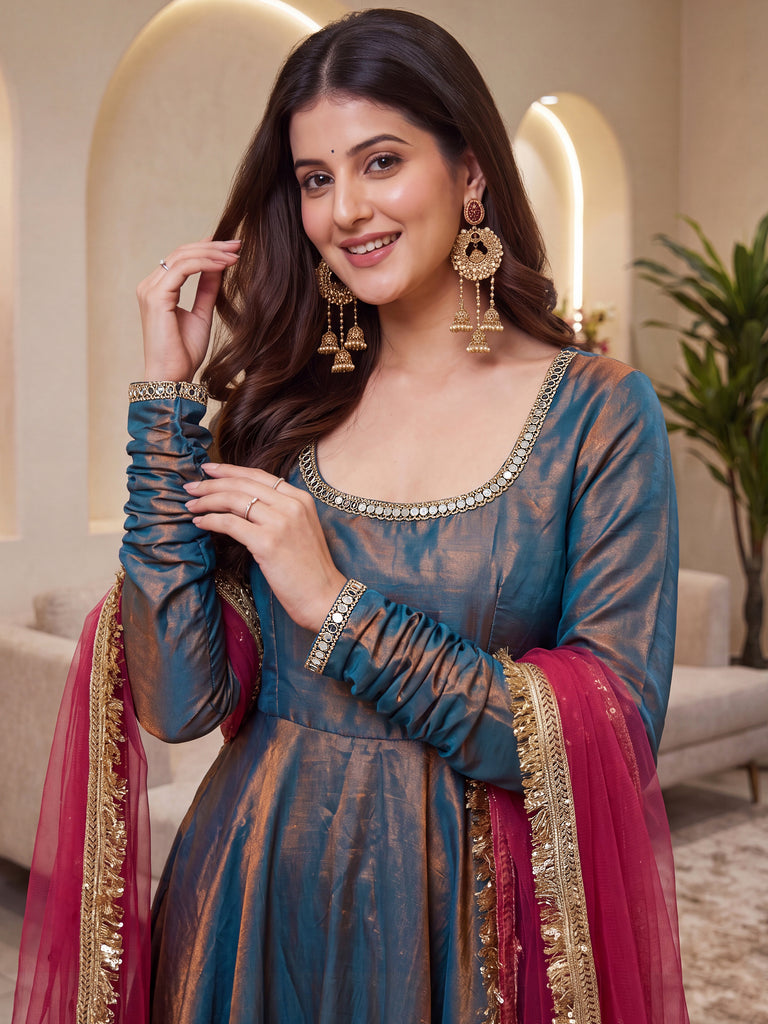 Graceful Grey Mirror Laced Silk Festive Wear Anarkali Suit With Dupatta