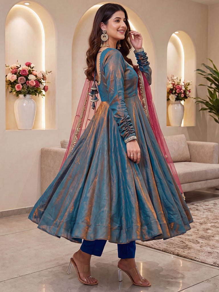 Graceful Grey Mirror Laced Silk Festive Wear Anarkali Suit With Dupatta