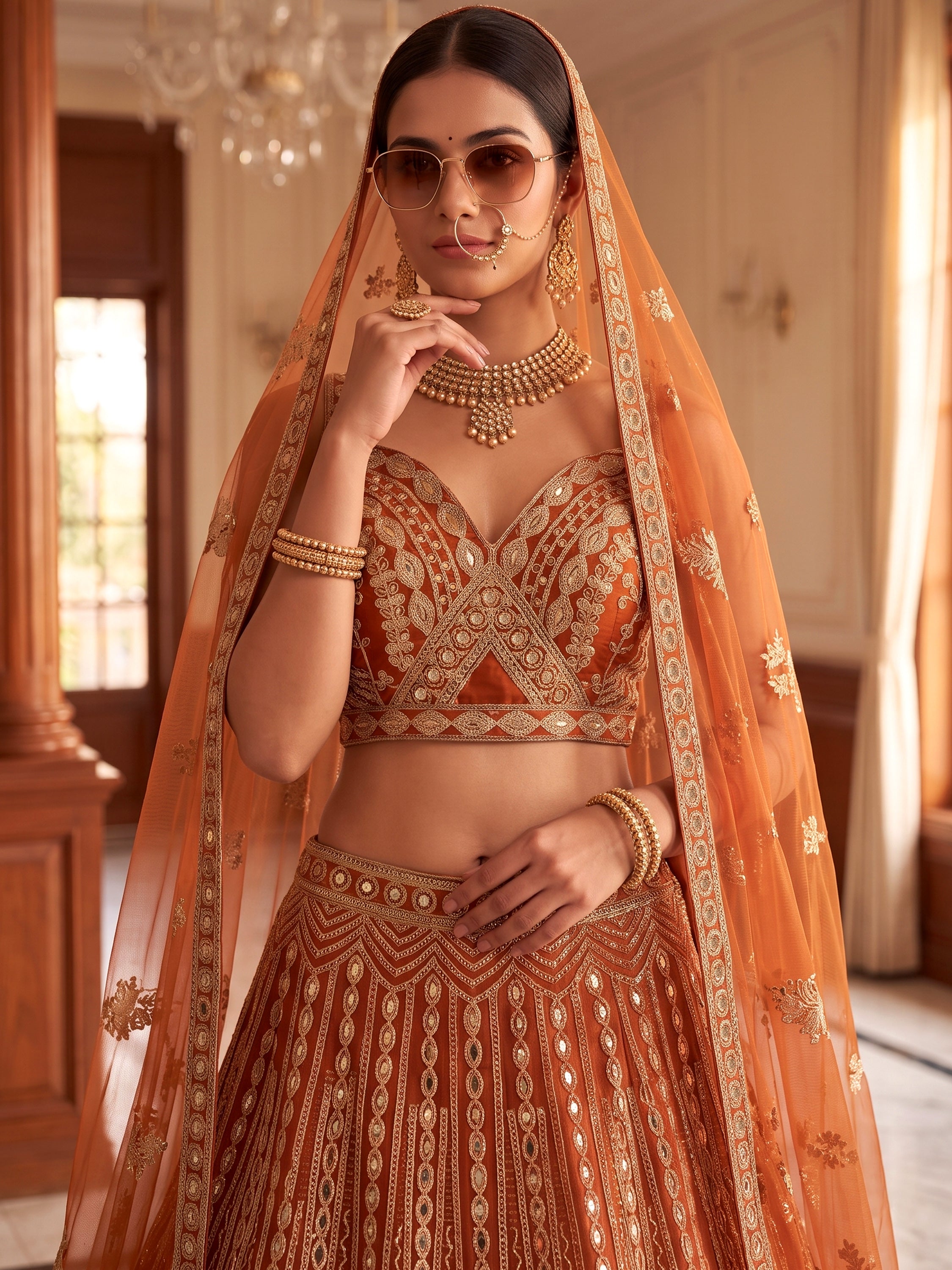 Grand Orange Heavy Embroidered Net Reception Wear Lehenga Choli