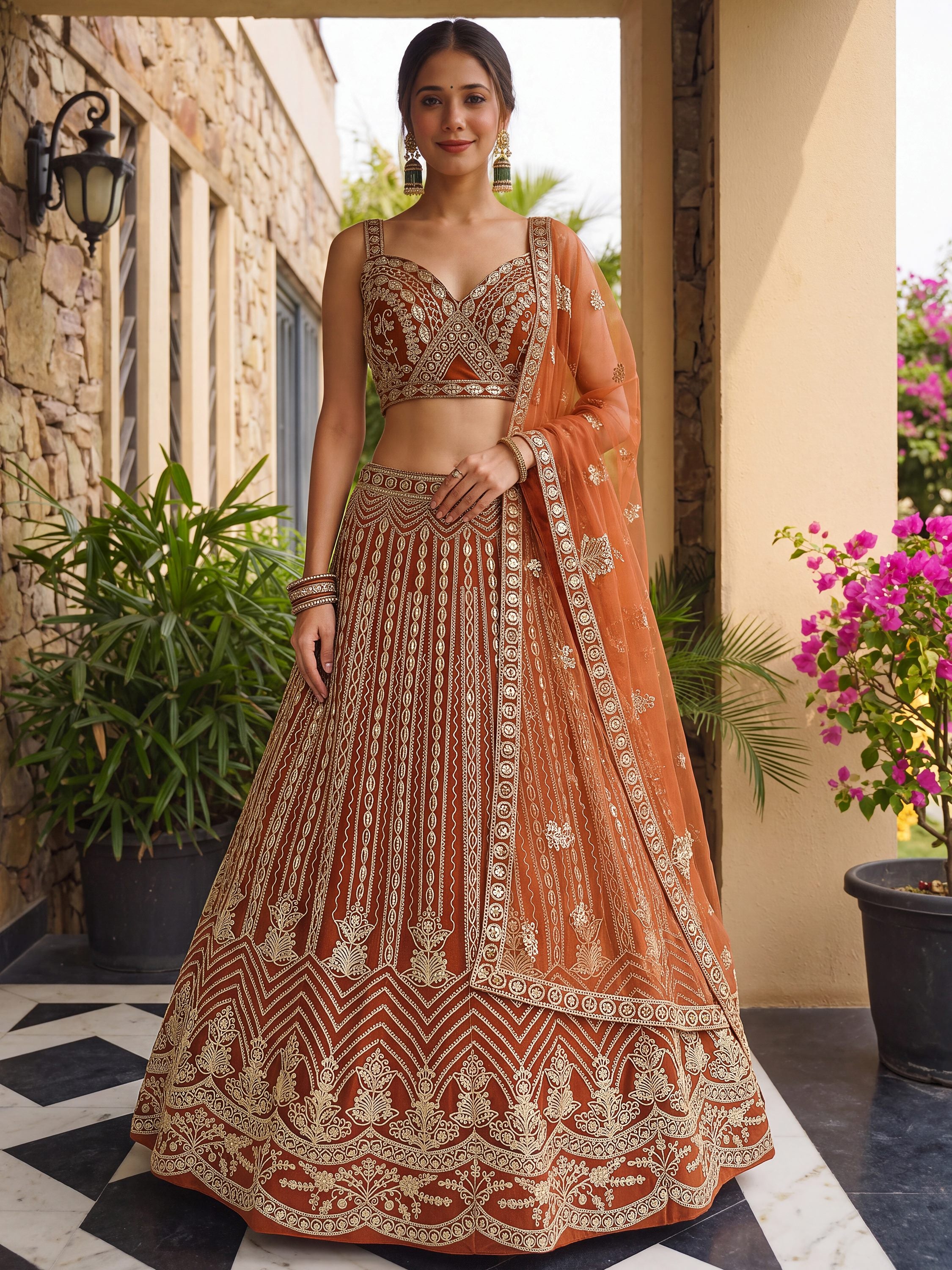 Grand Orange Heavy Embroidered Net Reception Wear Lehenga Choli