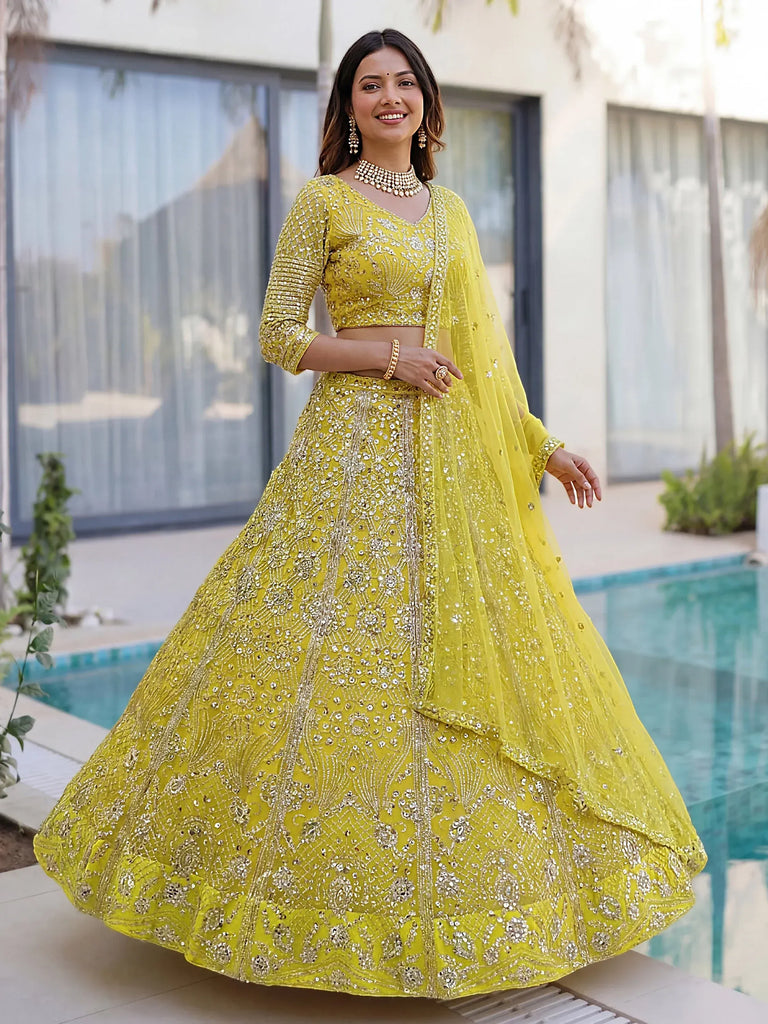 Awesome Lime Yellow Coding Work Net Cocktail Wear Lehenga Choli