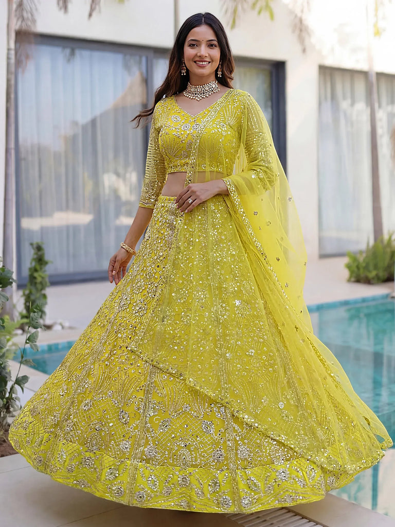 Awesome Lime Yellow Coding Work Net Cocktail Wear Lehenga Choli