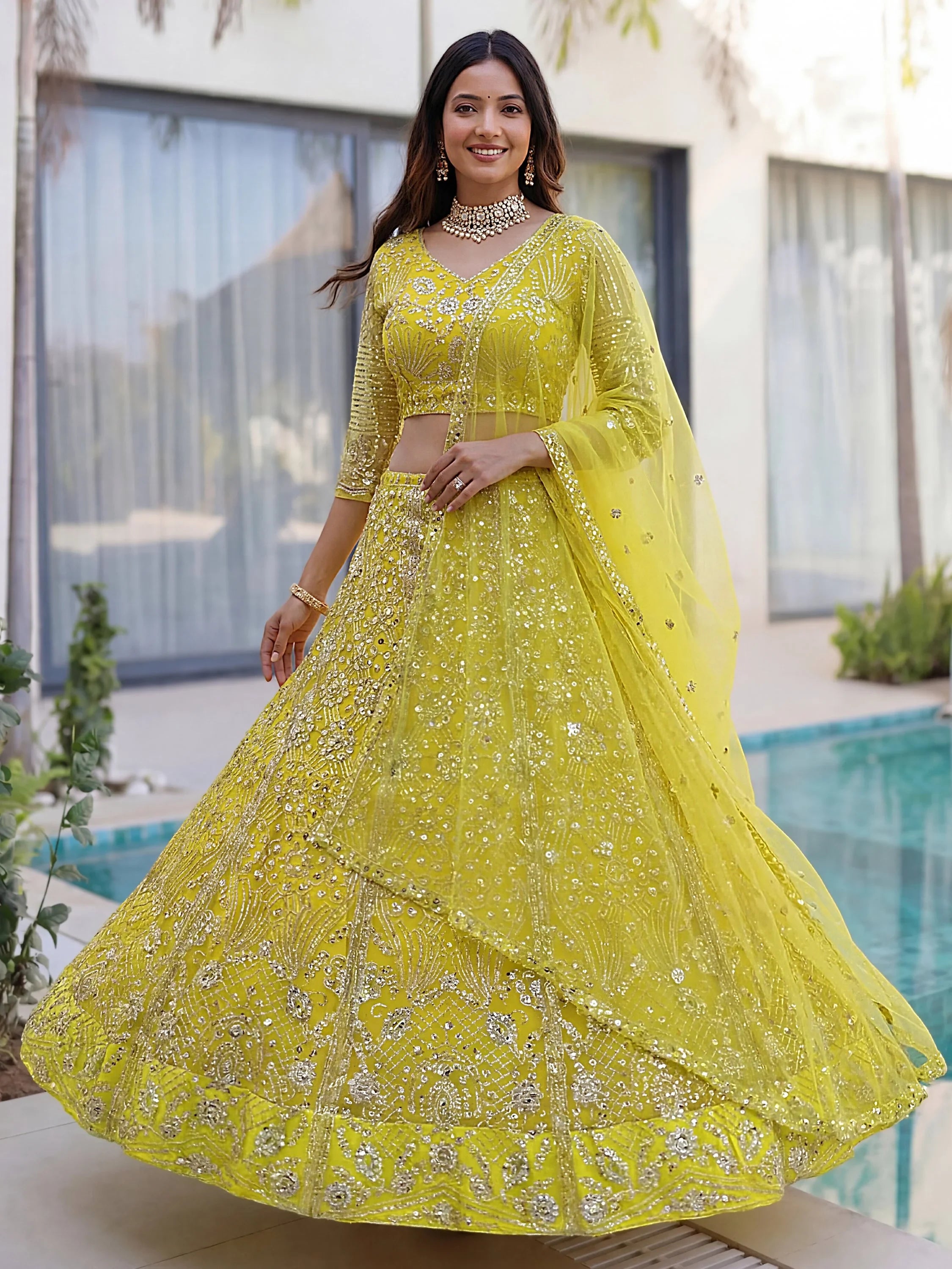 Awesome Lime Yellow Coding Work Net Cocktail Wear Lehenga Choli