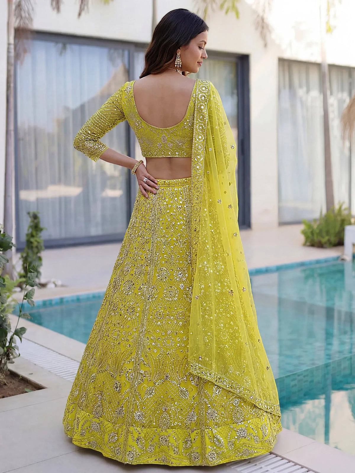 Awesome Lime Yellow Coding Work Net Cocktail Wear Lehenga Choli