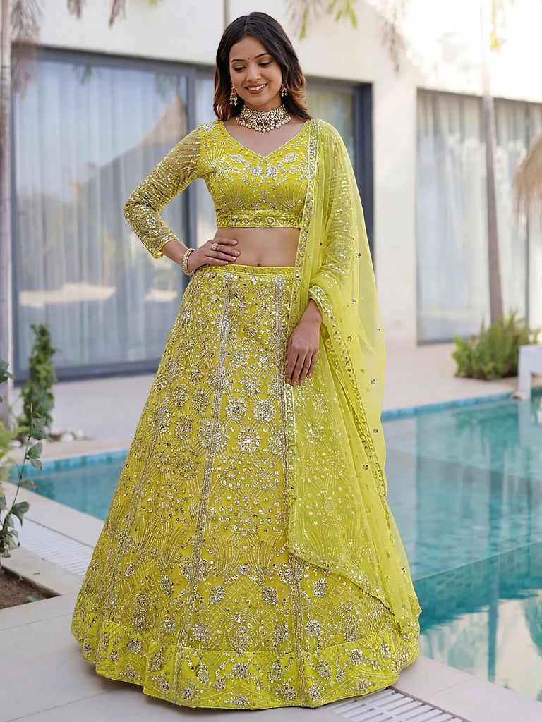 Awesome Lime Yellow Coding Work Net Cocktail Wear Lehenga Choli