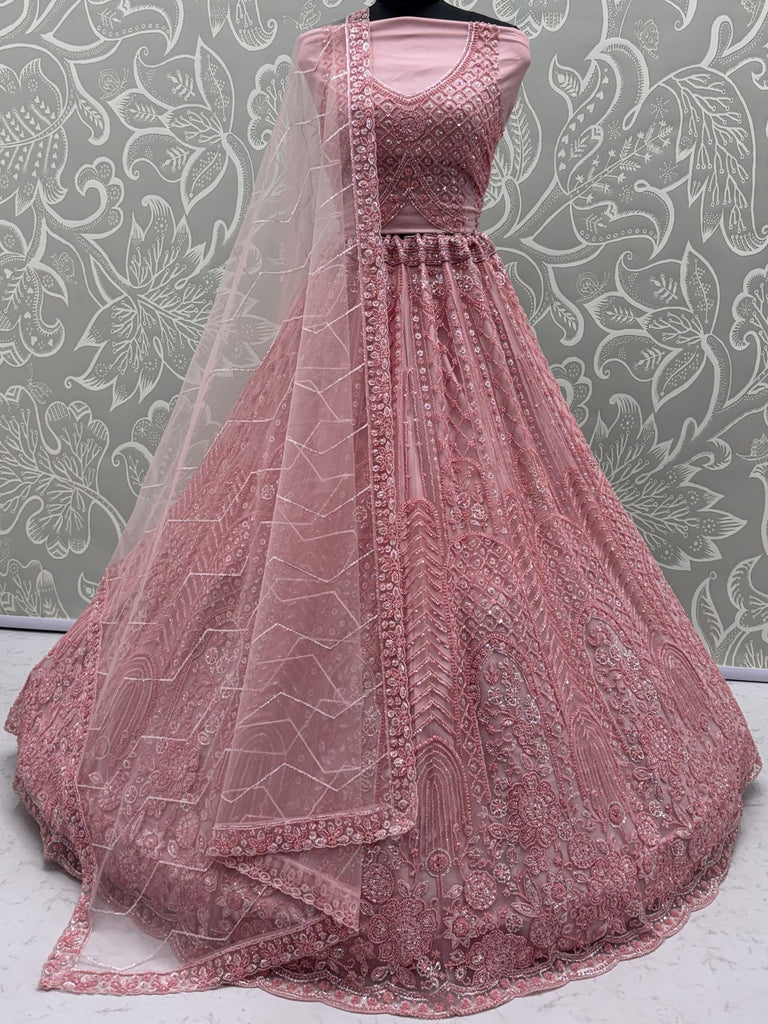 Monochrome Pink Embroidered Net Reception Wear Lehenga Choli