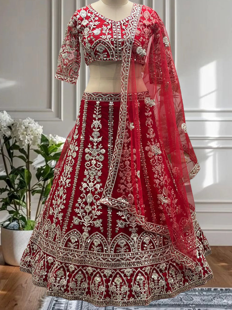 Majestic Red Embroidered Net Wedding Wear Plus Size Lehenga Choli
