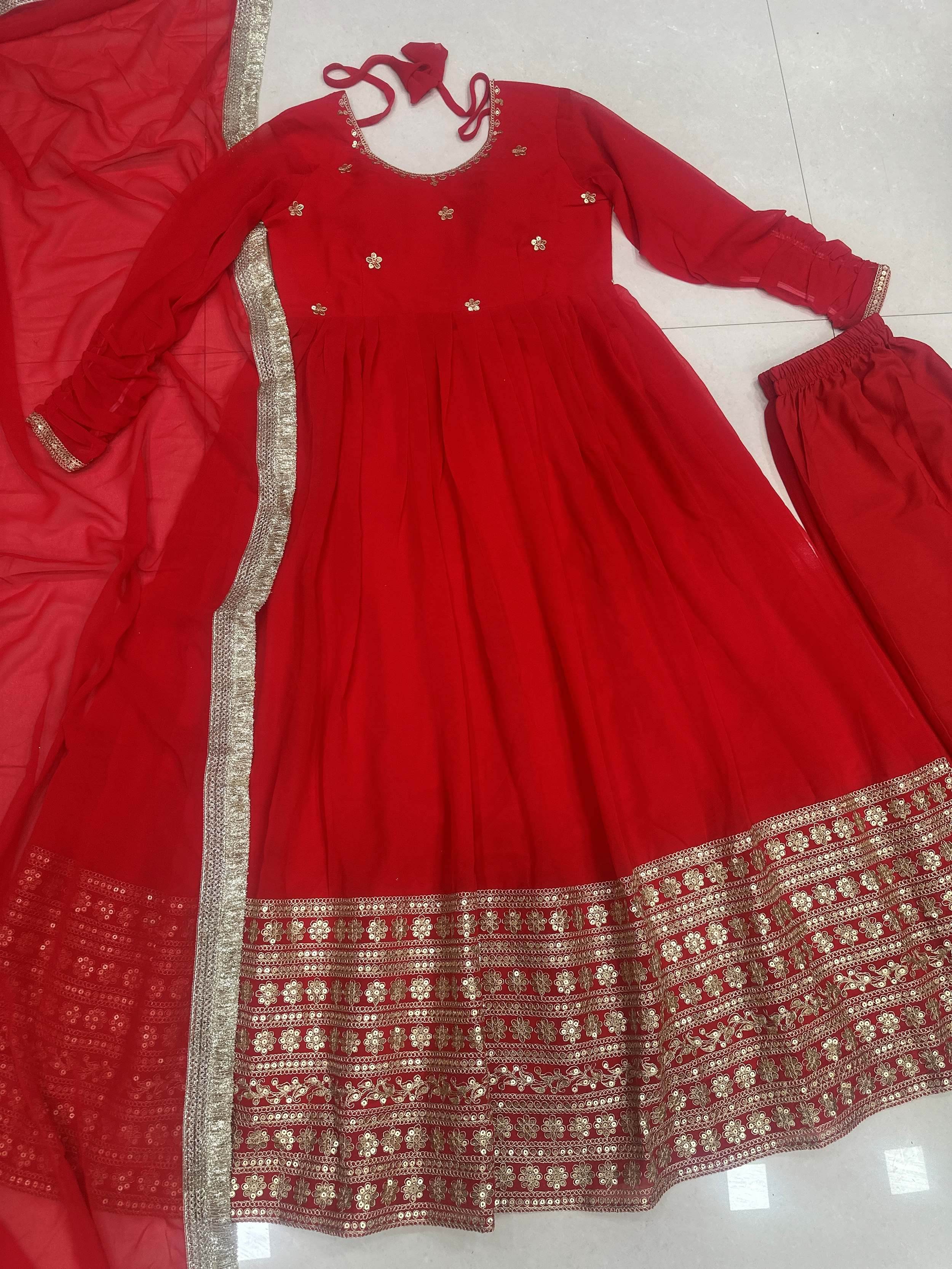 Gorgeous Red Embroidered Georgette Wedding Wear Gown With Dupatta