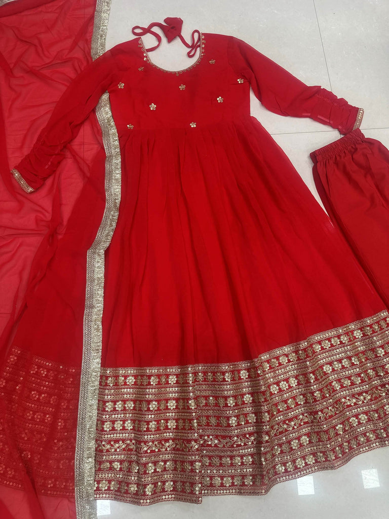 Gorgeous Red Embroidered Georgette Wedding Wear Gown With Dupatta