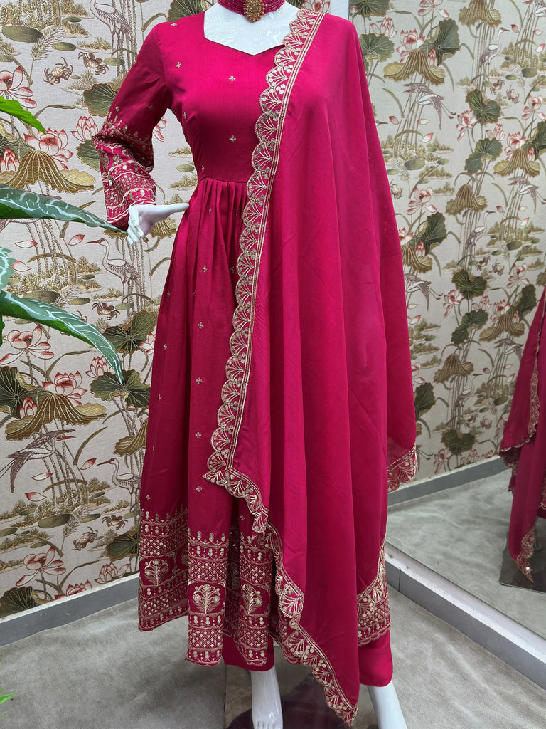 Impressive Pink Embroidered Silk Festive Wear Gown With Dupatta