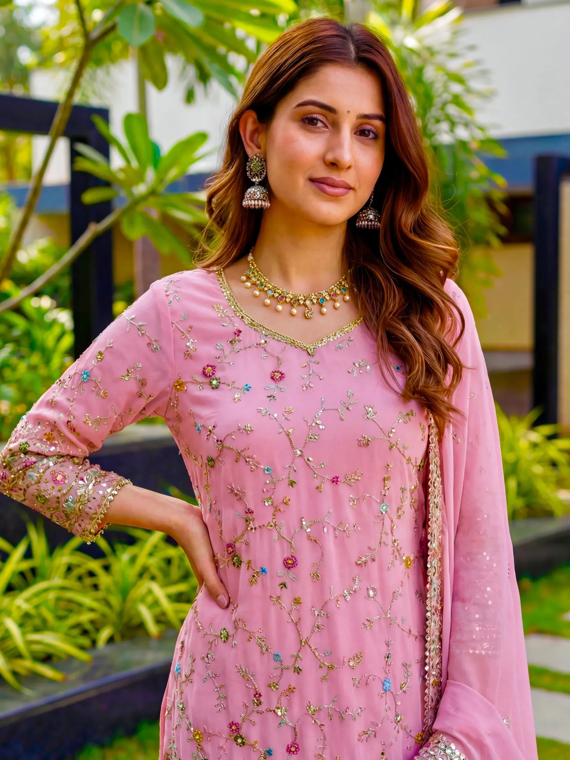 Elegant Pink Thread Embroidered Georgette Engagement Wear Sharara Suit