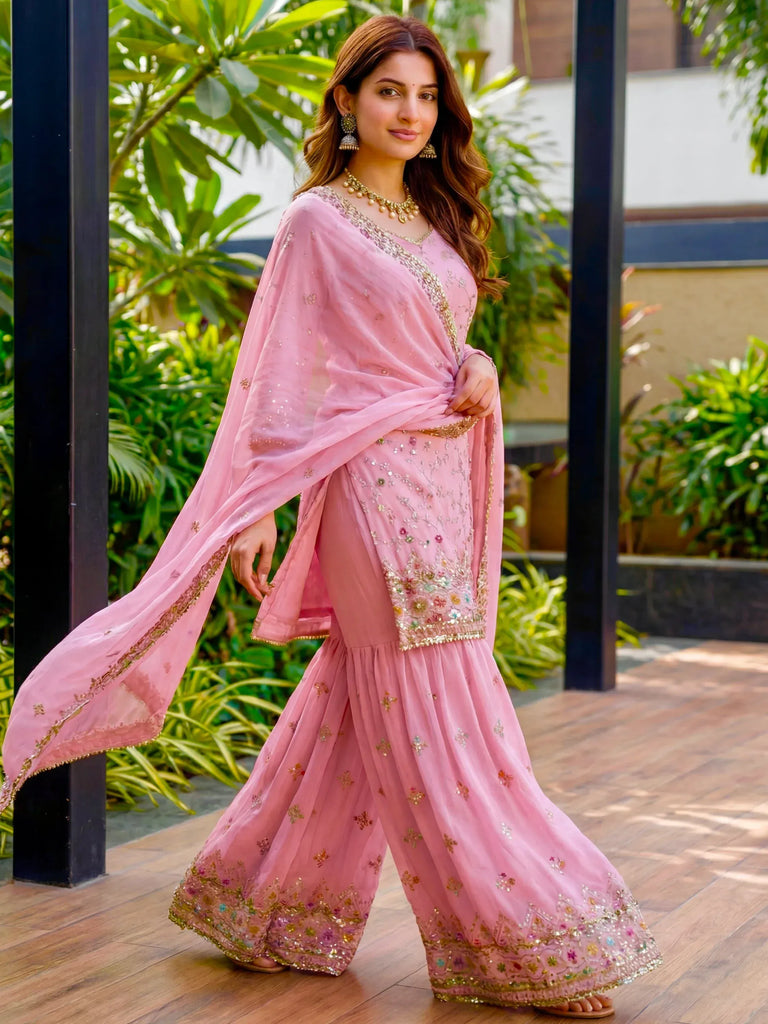 Elegant Pink Thread Embroidered Georgette Engagement Wear Sharara Suit