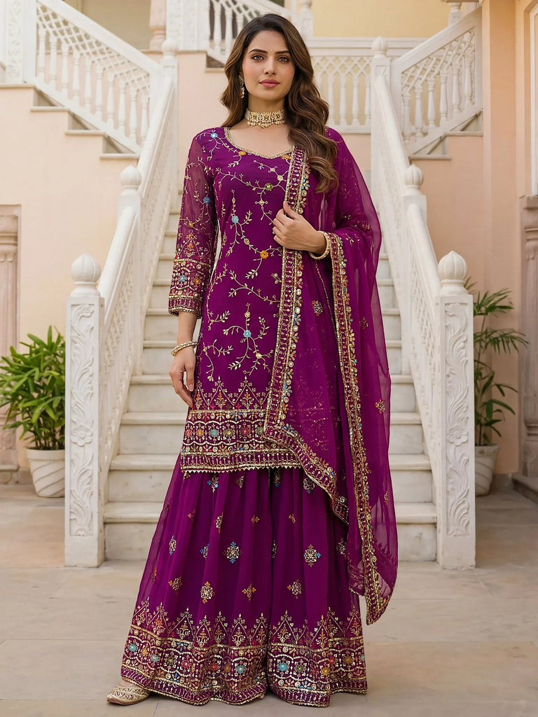 Fantastic Purple Zari work Georgette Wedding Wear Sharara Suit