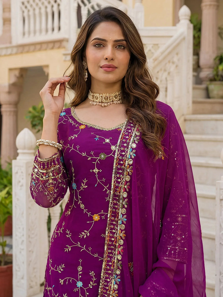Fantastic Purple Zari work Georgette Wedding Wear Sharara Suit