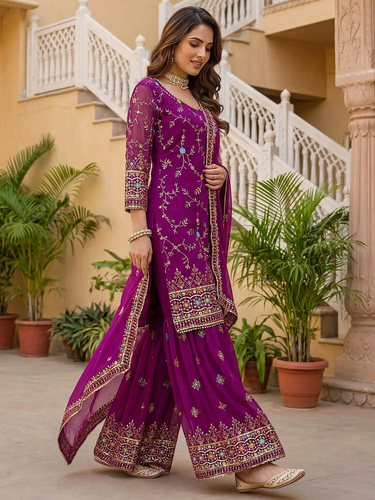Fantastic Purple Zari work Georgette Wedding Wear Sharara Suit
