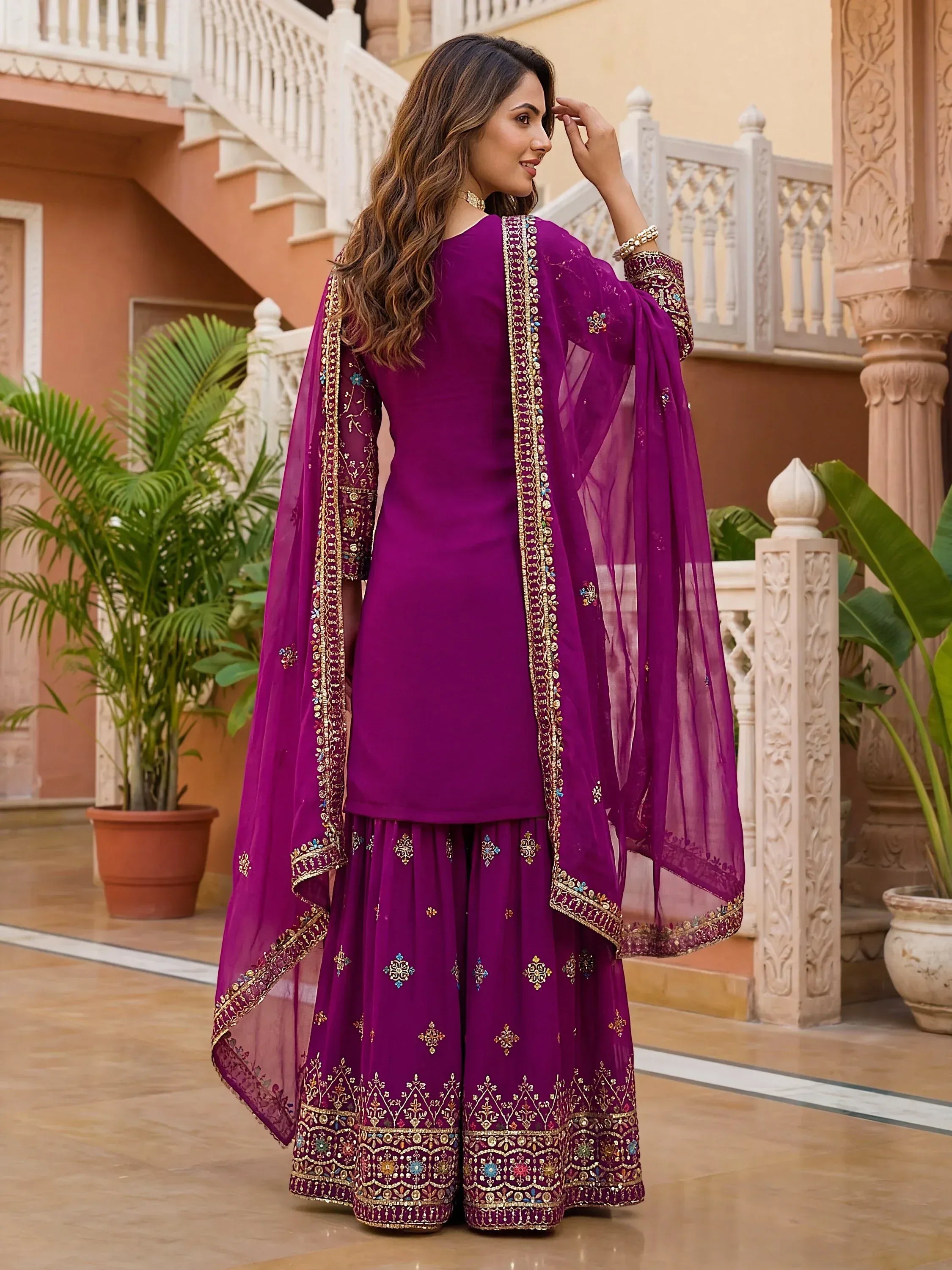 Fantastic Purple Zari work Georgette Wedding Wear Sharara Suit