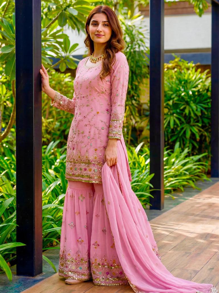 Elegant Pink Thread Embroidered Georgette Engagement Wear Sharara Suit