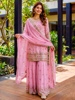 Elegant Pink Thread Embroidered Georgette Engagement Wear Sharara Suit
