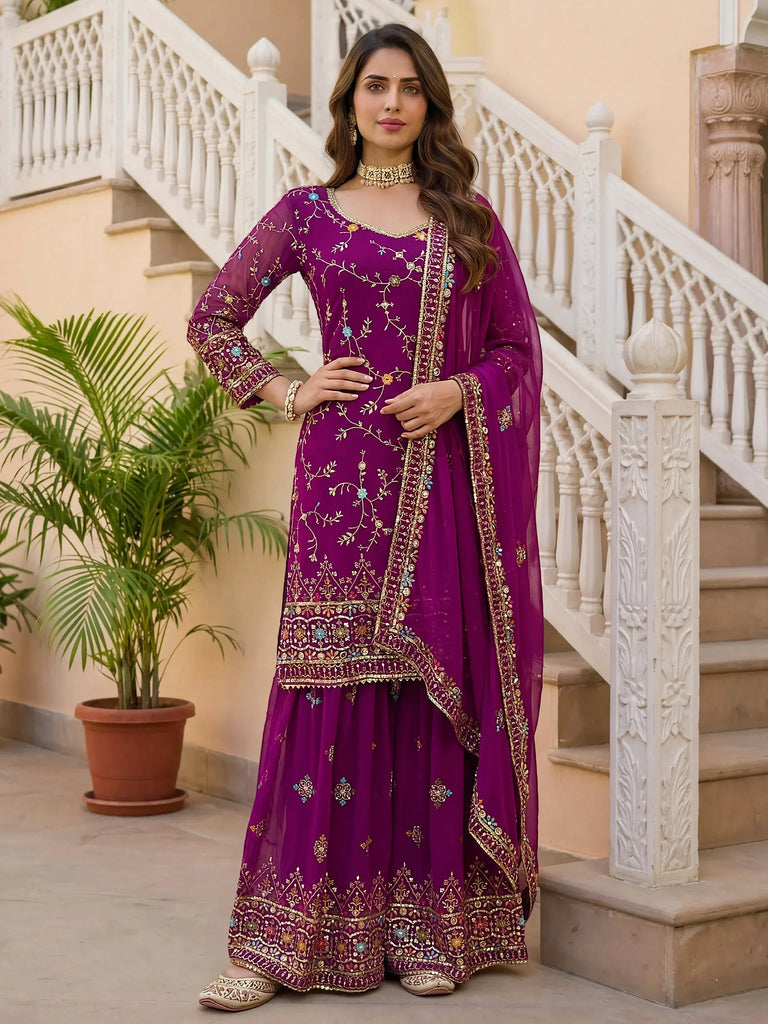 Fantastic Purple Zari work Georgette Wedding Wear Sharara Suit