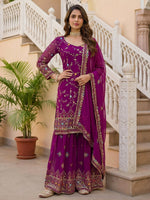 Fantastic Purple Zari Work Georgette Wedding Wear Sharara Suit