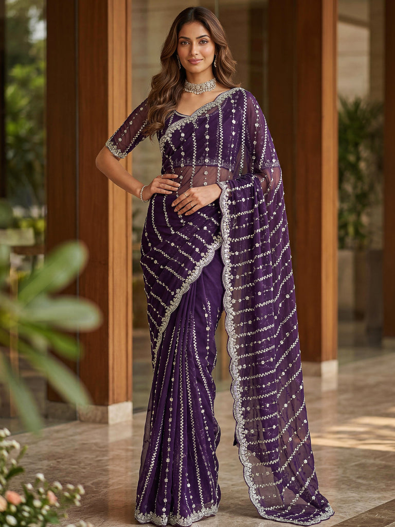 Impressive Purple Embroidered Satin Reception Wear Saree With Blouse