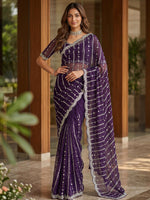 Impressive Purple Embroidered Satin Reception Wear Saree With Blouse