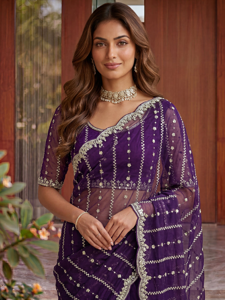 Impressive Purple Embroidered Satin Reception Wear Saree With Blouse