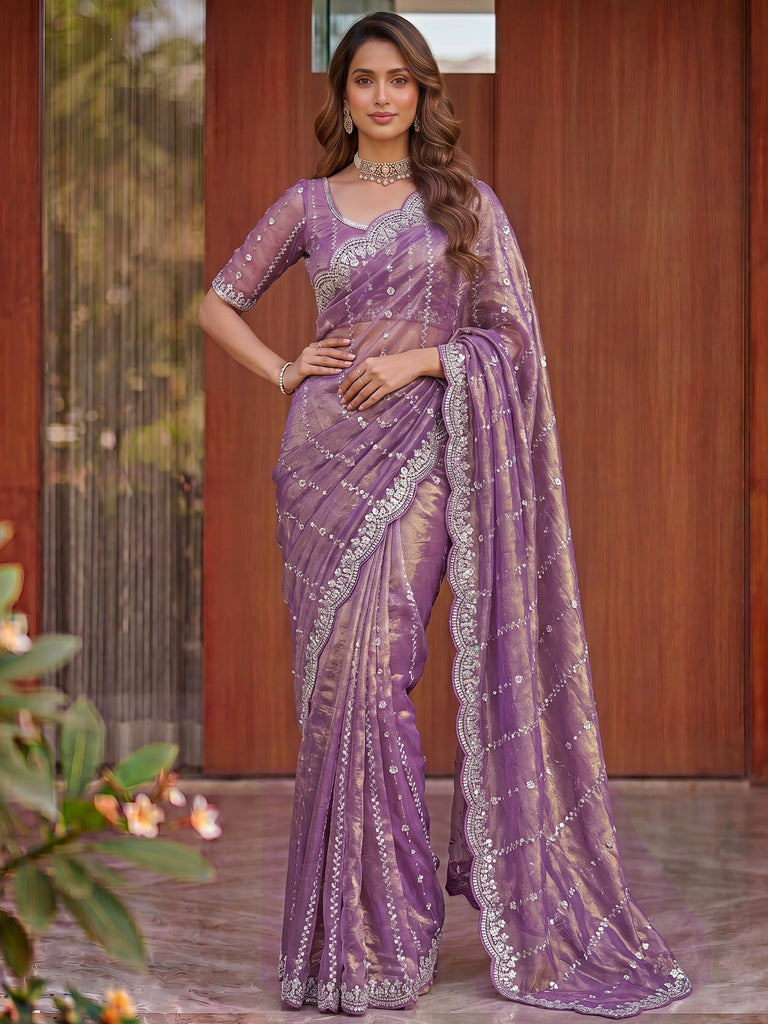 Magnetic Lavender Sequins Satin Engagement Wear Saree With Blouse