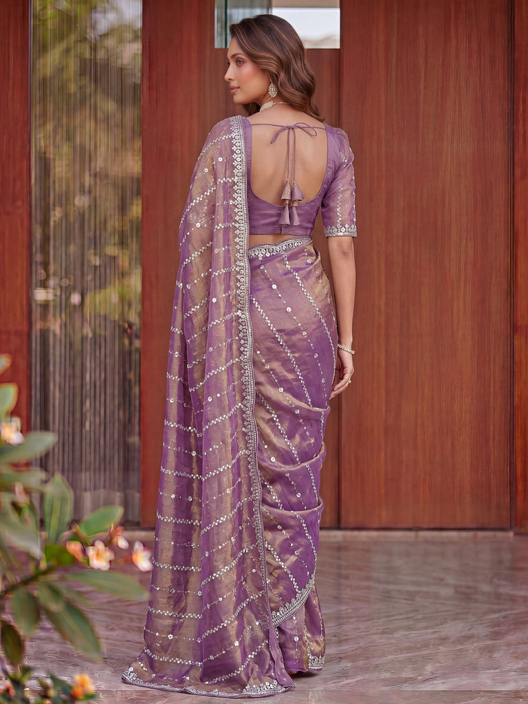 Magnetic Lavender Sequins Satin Engagement Wear Saree With Blouse
