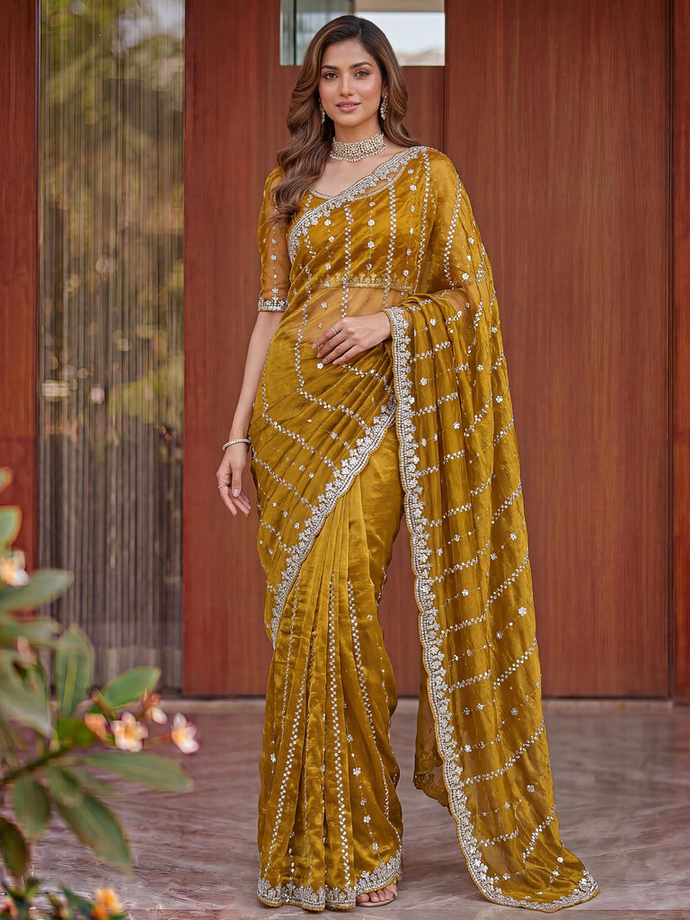 Notable Mustard Yellow Bead Work Satin Wedding Wear Saree With Blouse