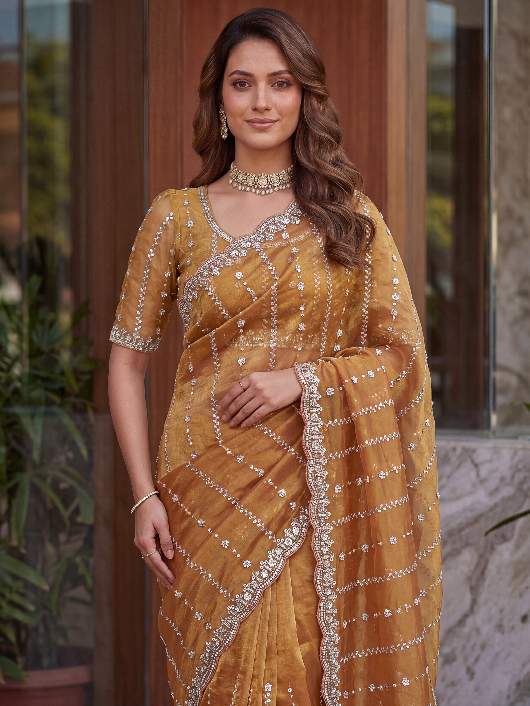 Sparkling Peach Sequins Satin Marriage Wear Saree With Blouse