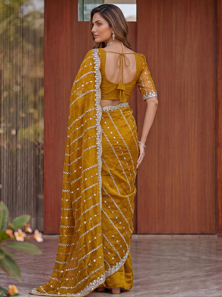 Notable Mustard Yellow Bead Work Satin Wedding Wear Saree With Blouse