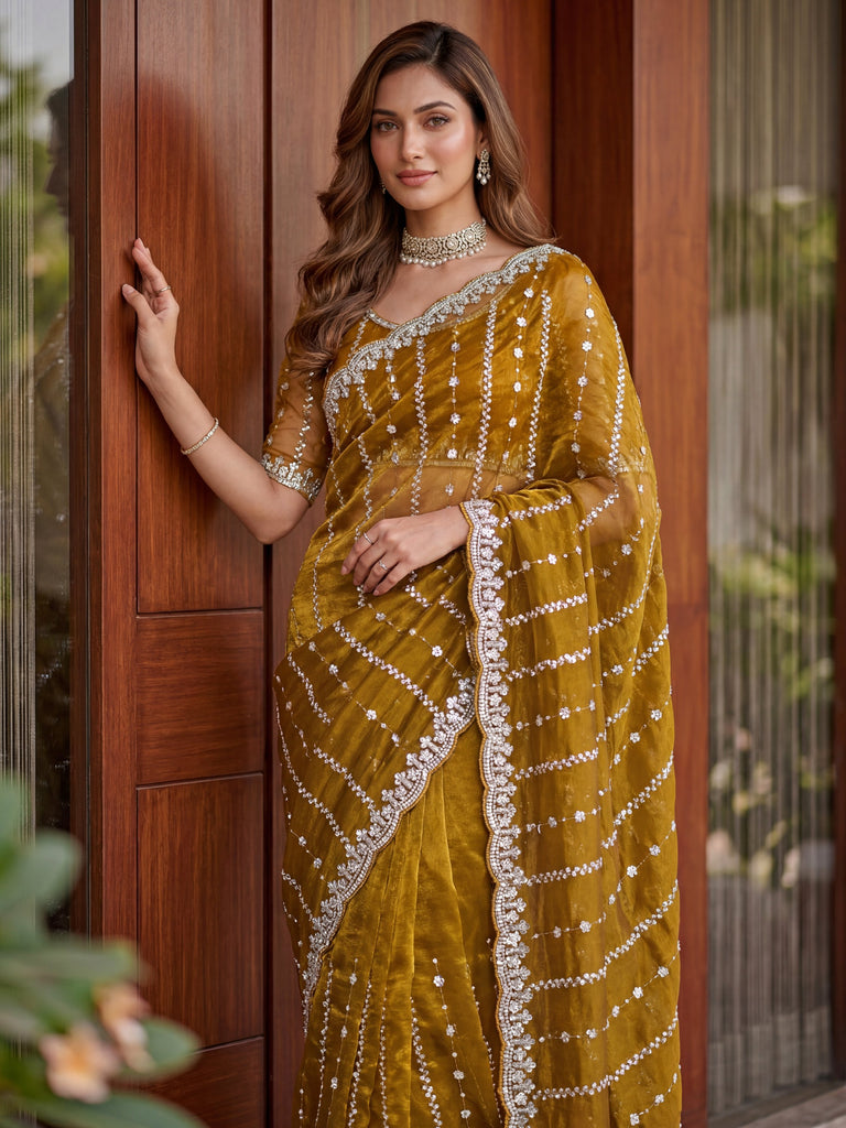 Notable Mustard Yellow Bead Work Satin Wedding Wear Saree With Blouse