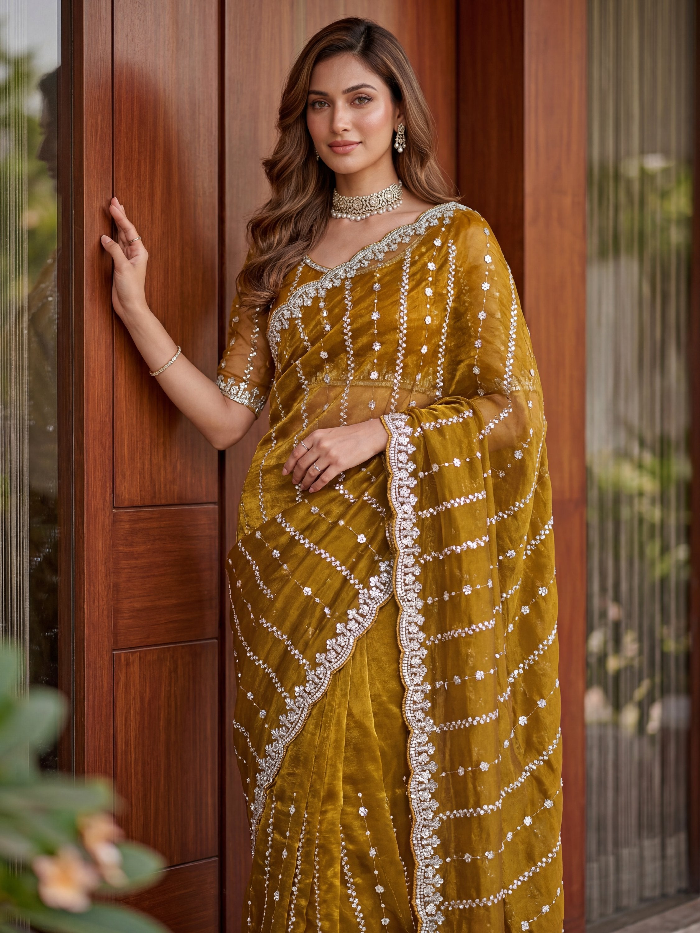 Notable Mustard Yellow Bead Work Satin Wedding Wear Saree With Blouse