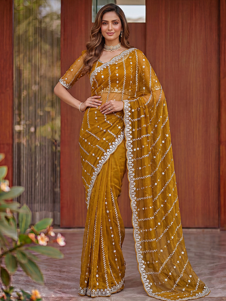 Notable Mustard Yellow Bead Work Satin Wedding Wear Saree With Blouse