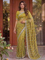 Super Olive Green Sequins Satin Designer Saree With Blouse