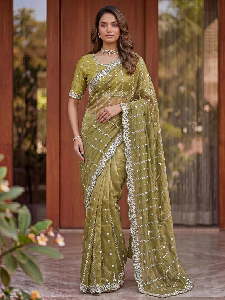 Super Olive Green Sequins Satin Designer Saree With Blouse