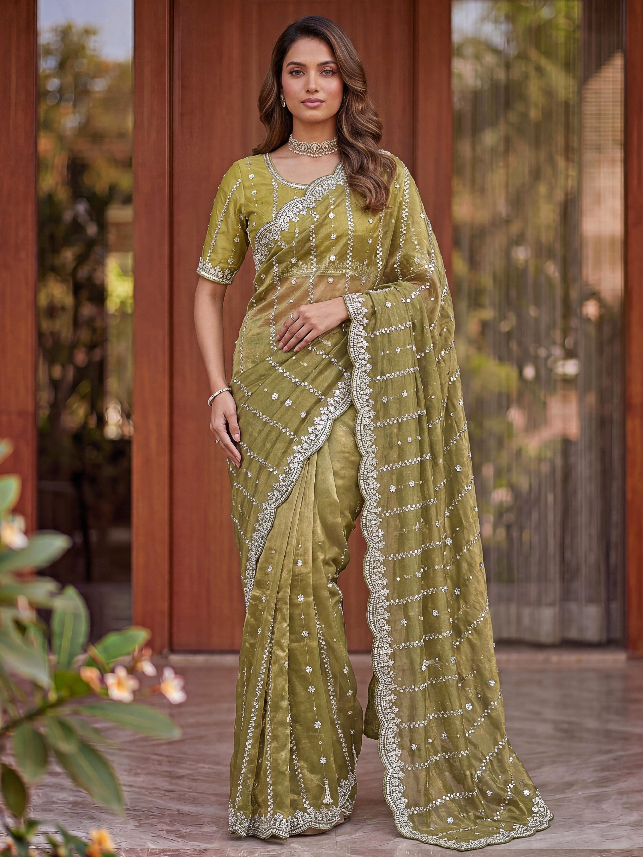 Super Olive Green Sequins Satin Designer Saree With Blouse